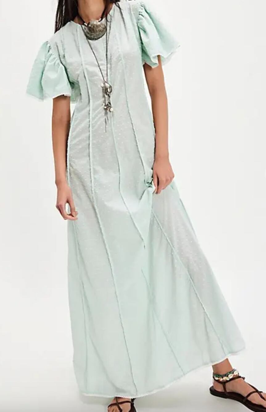 S/W/F Flutter Butterfly Sleeve Maxi Dress Mint Green Swiss Dot Size Small NWT